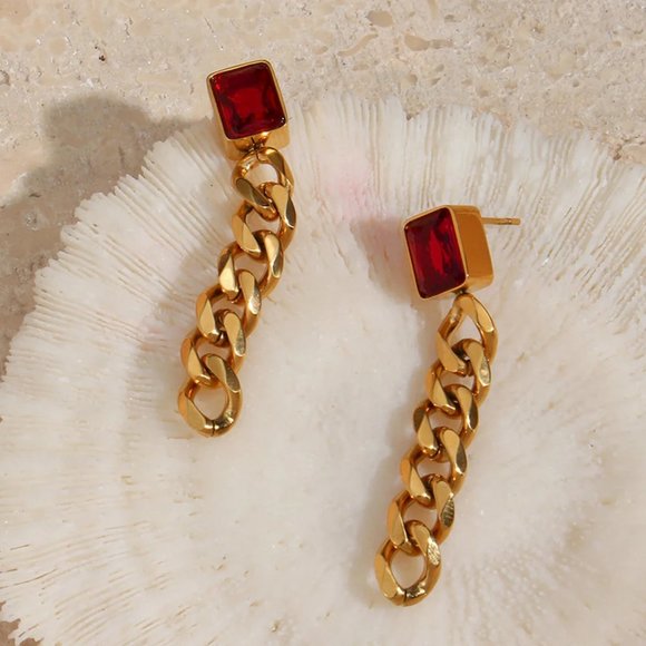Red Zircon Gold Chain Drop Earrings Jewelry Hypoallergenic - Picture 3 of 5